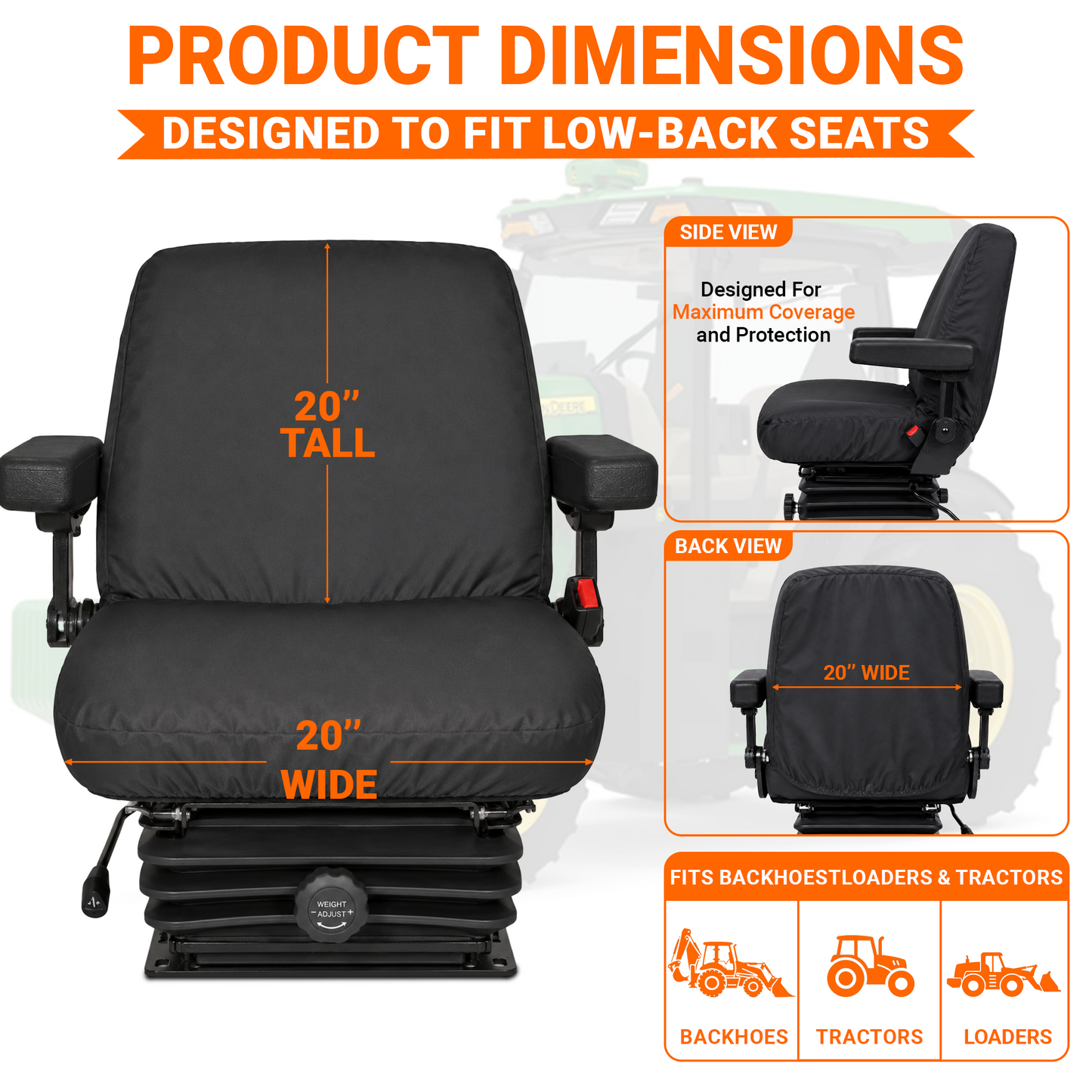 Low Back Backhoe Seat Cover - 20x20" Canvas or Vinyl, Made in USA