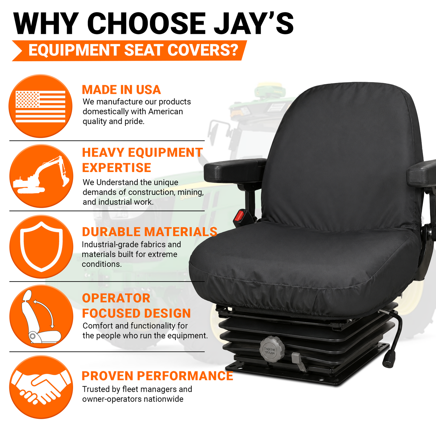 Low Back Backhoe Seat Cover - 20x20" Canvas or Vinyl, Made in USA