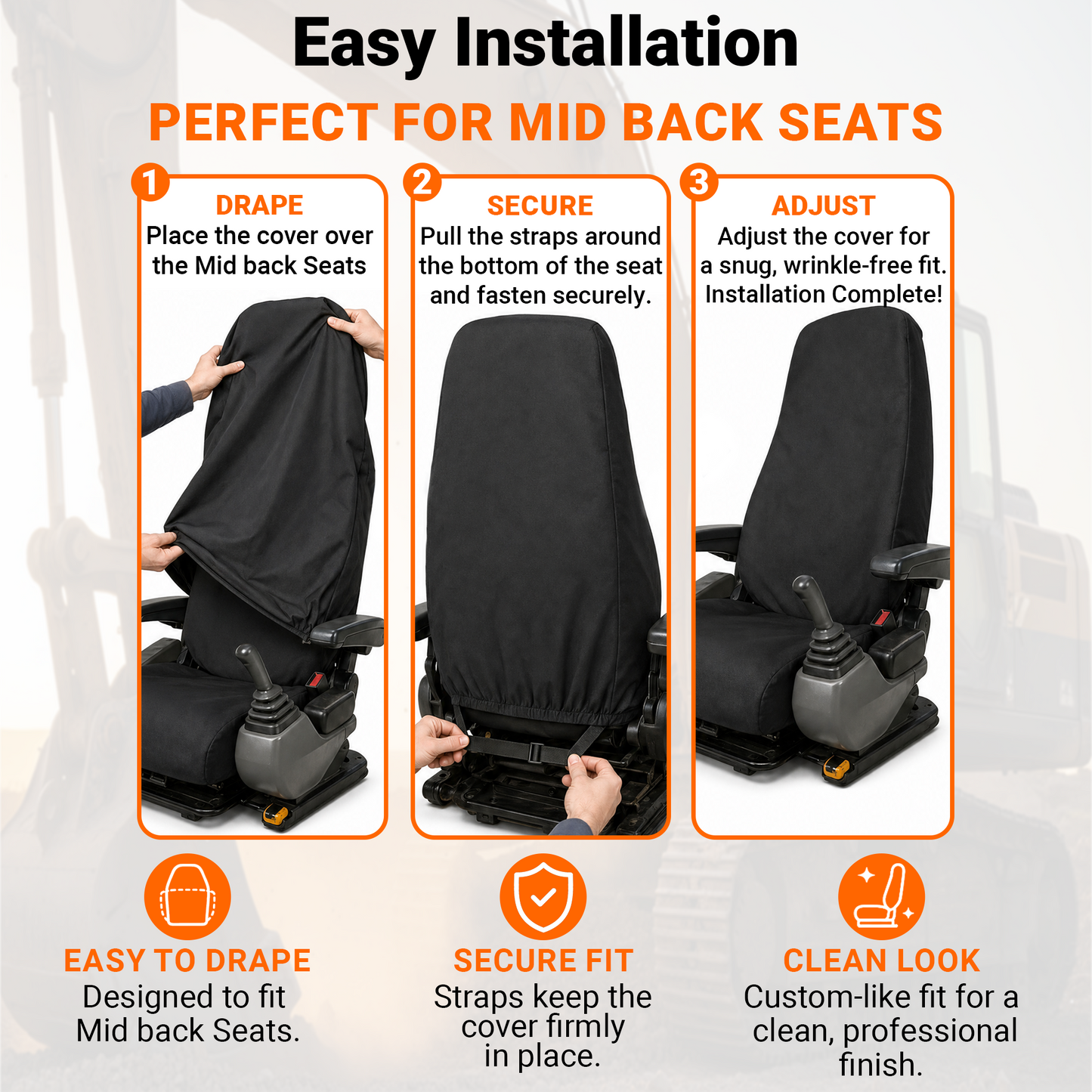 Mid Back Loader Seat Cover - 20x25" Canvas or Vinyl, Made in USA