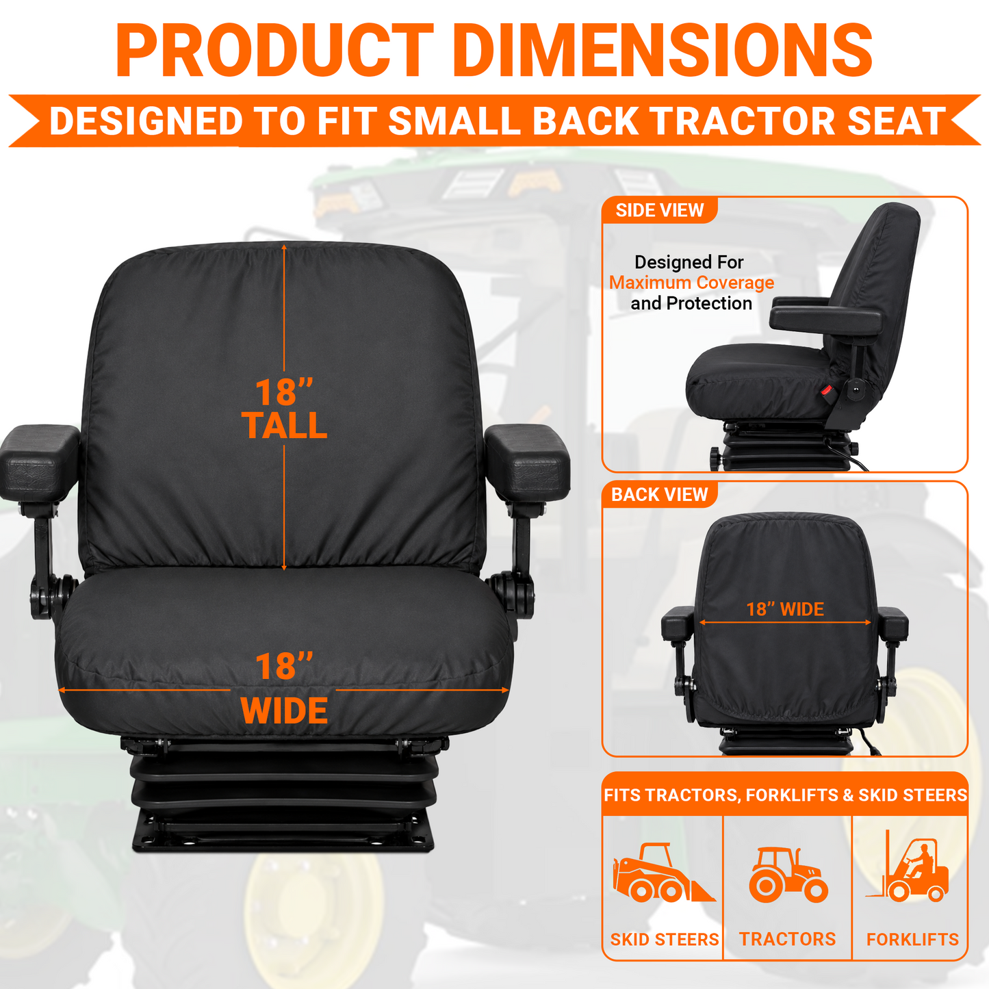 Small Back Tractor Seat Cover - 18x18" Canvas or Vinyl, Made in USA