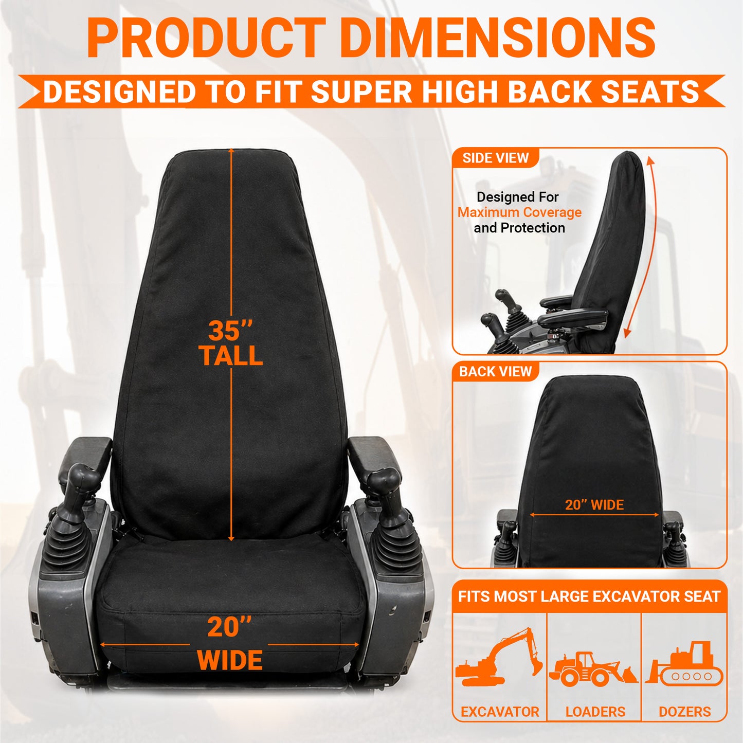 Super High Back Excavator Seat Cover - 20x35" Canvas, Made in USA