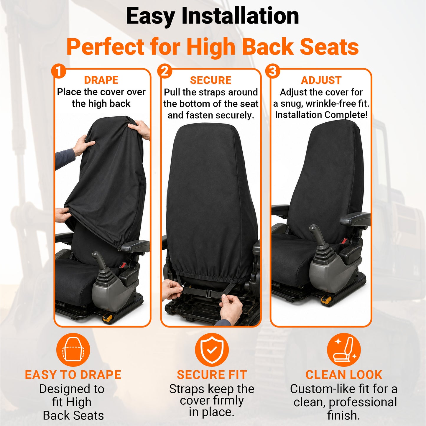 Super High Back Excavator Seat Cover - 20x35" Canvas, Made in USA