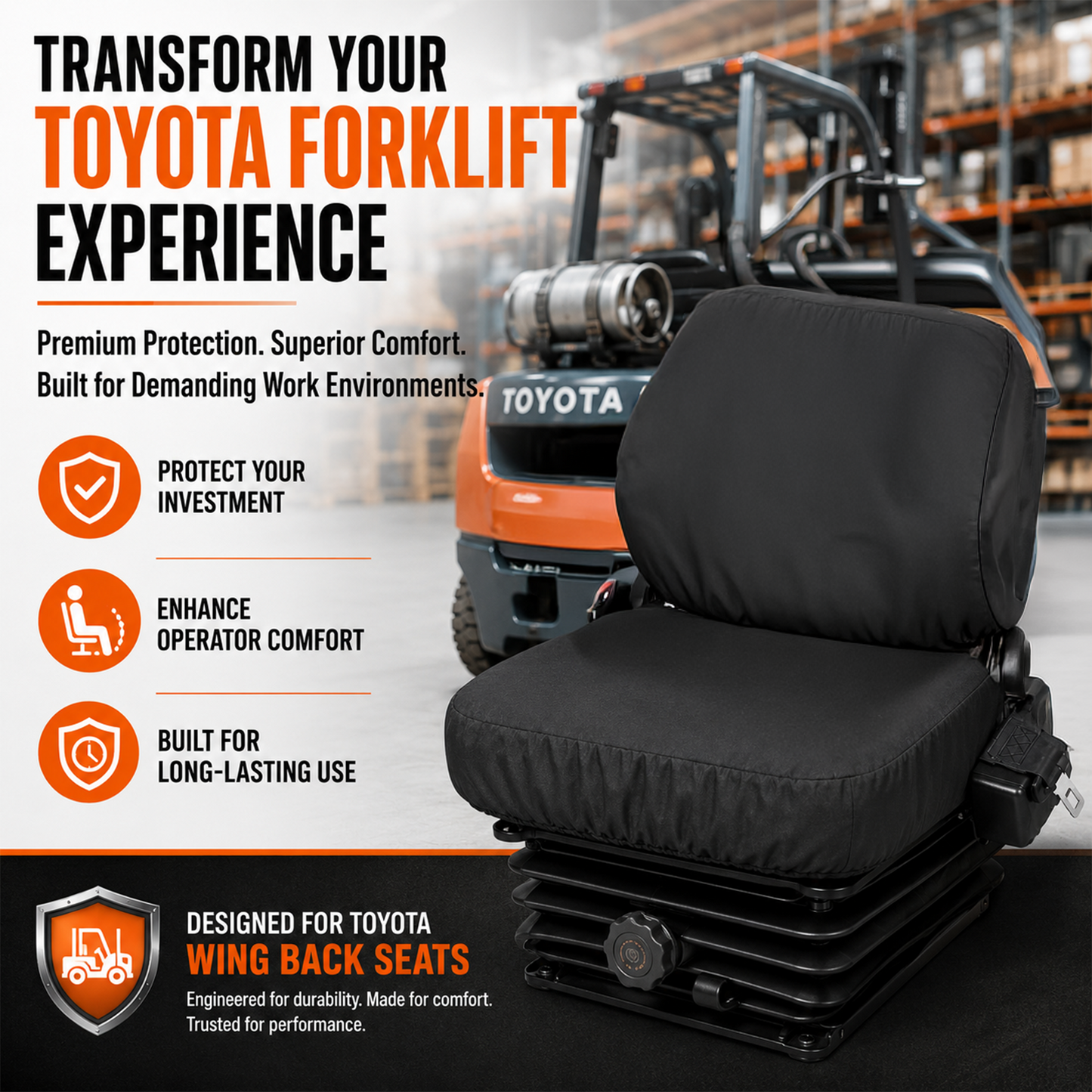 Toyota Forklift Wing Back Heavy Duty Seat Cover - Premium Protection & Comfort - Made in USA
